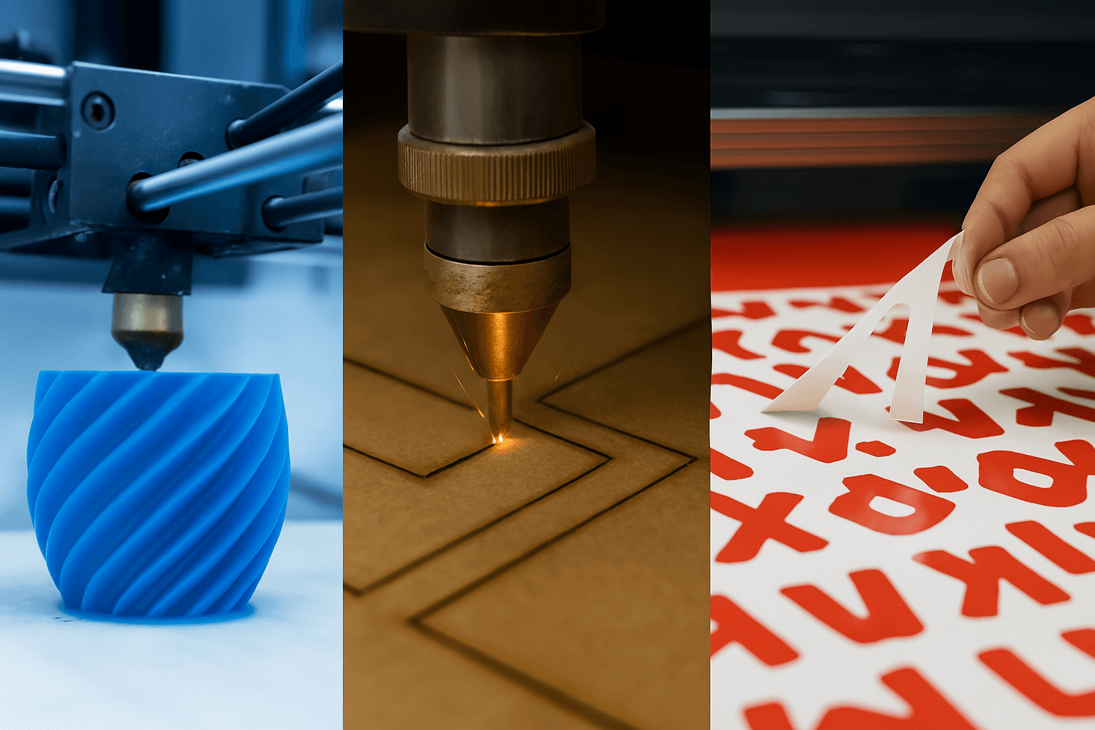 Triptyque des savoir-faire 3DPM France : impression 3D, gravure laser et découpe de vinyle