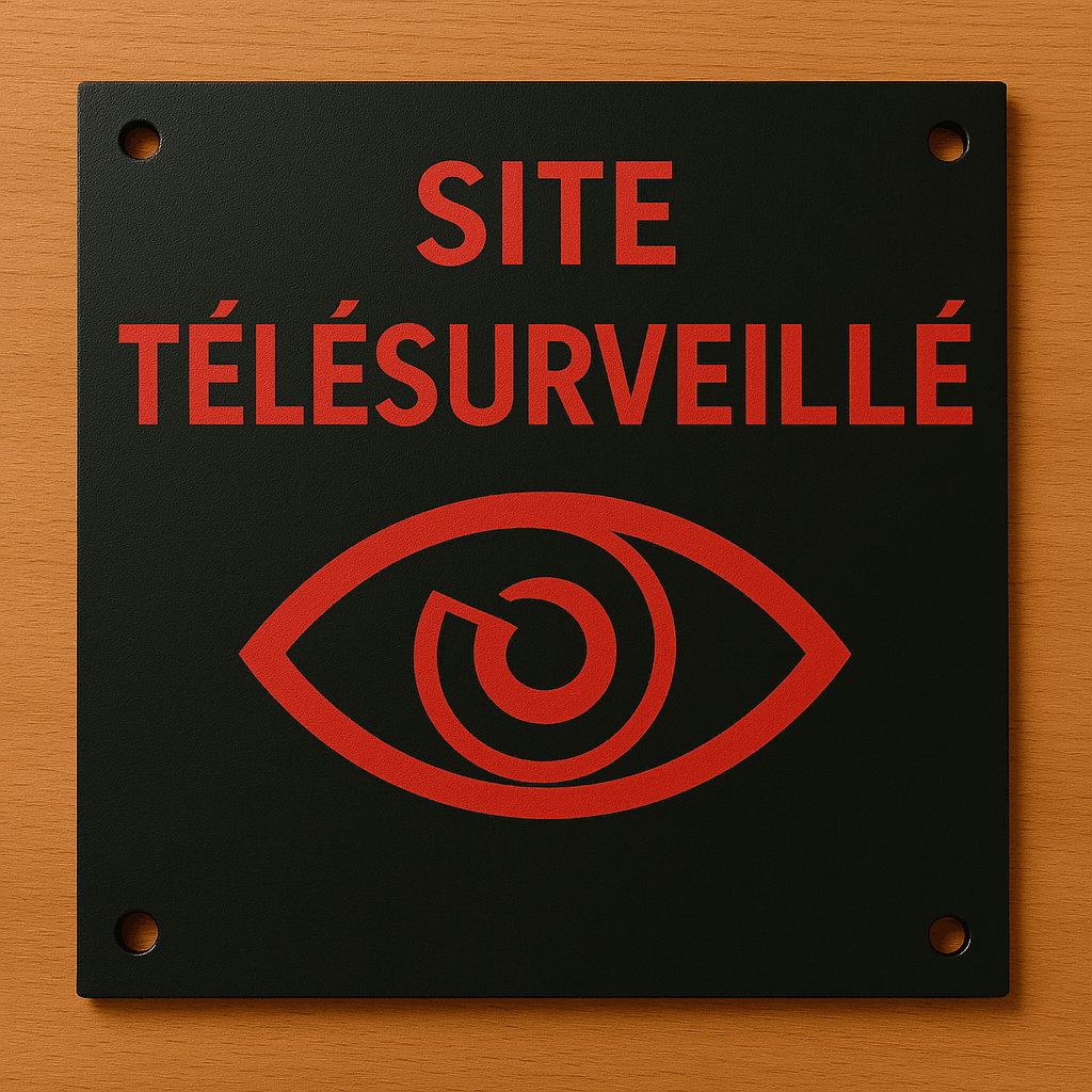 Panneau site télésurveillé en plexiglas noir gravé au laser avec pictogramme rouge