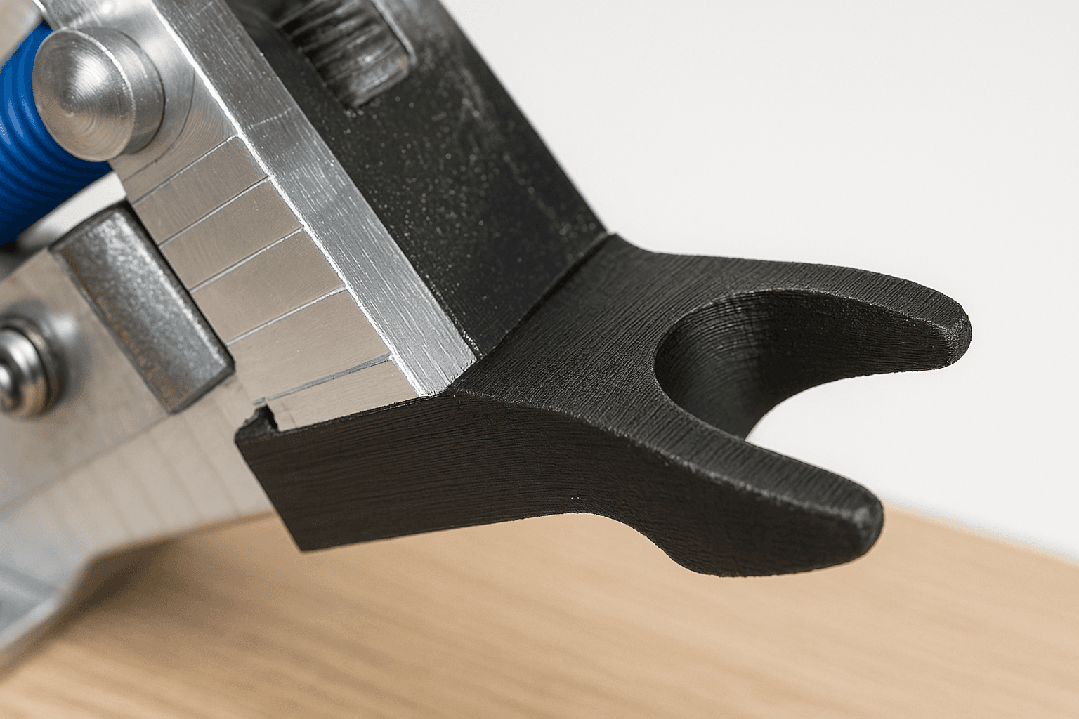 Pièce technique noire produite à la demande, montée sur un outillage en aluminium