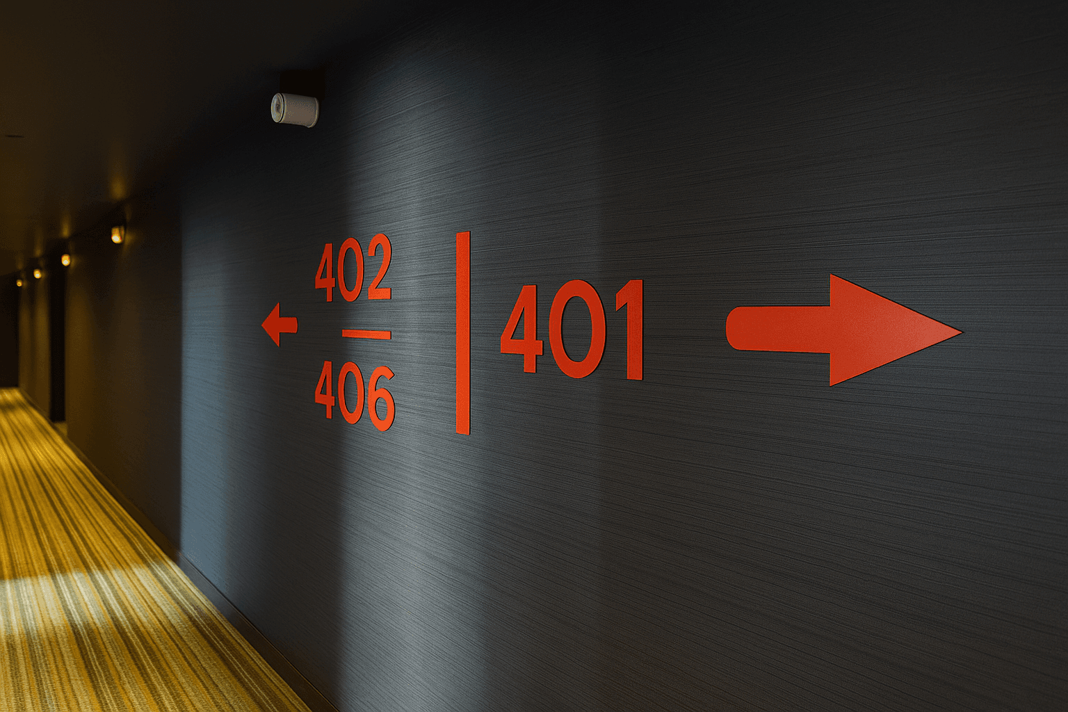 Signalétique d'hôtel découpée au laser : numéros de chambres orange sur mur sombre