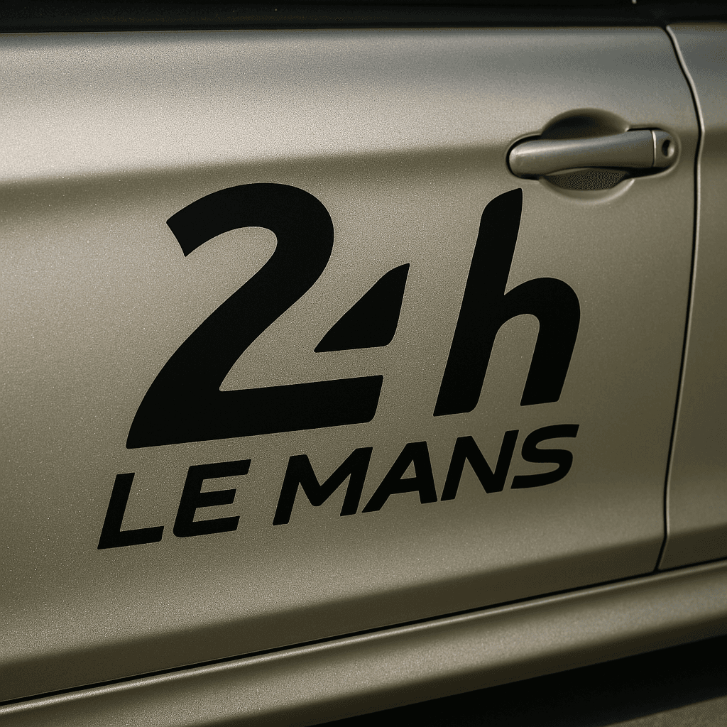 Sticker 24h Le Mans en vinyle noir mat posé sur la portière d'une voiture gris métallisé
